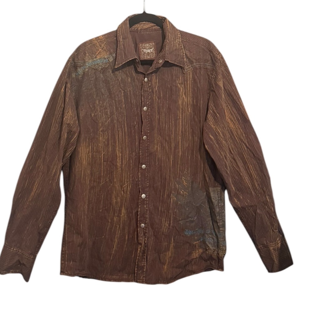 Roar Embroidered Shirt Brown Distressed Graphic Western Y2K Button Down Sz L